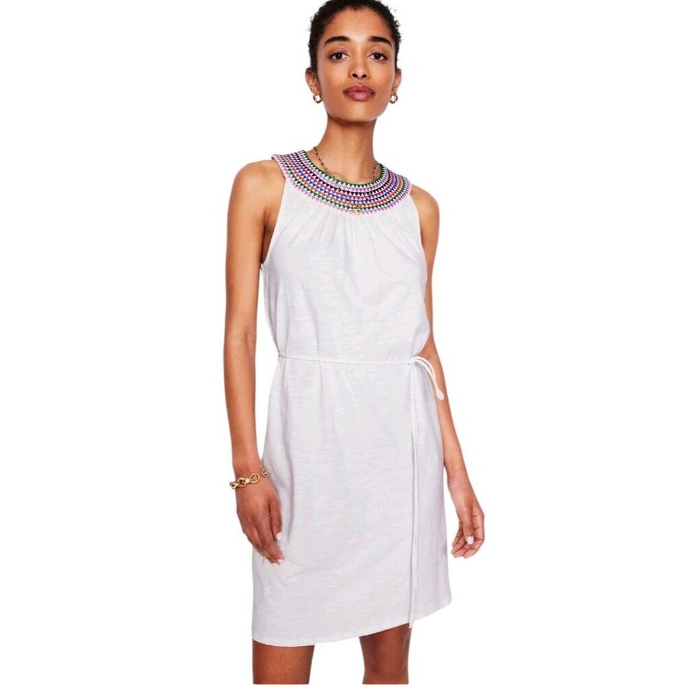 Boden Eleni White Cotton Dress Sz 6 Embroidered Embellished Neckline Summer Boho